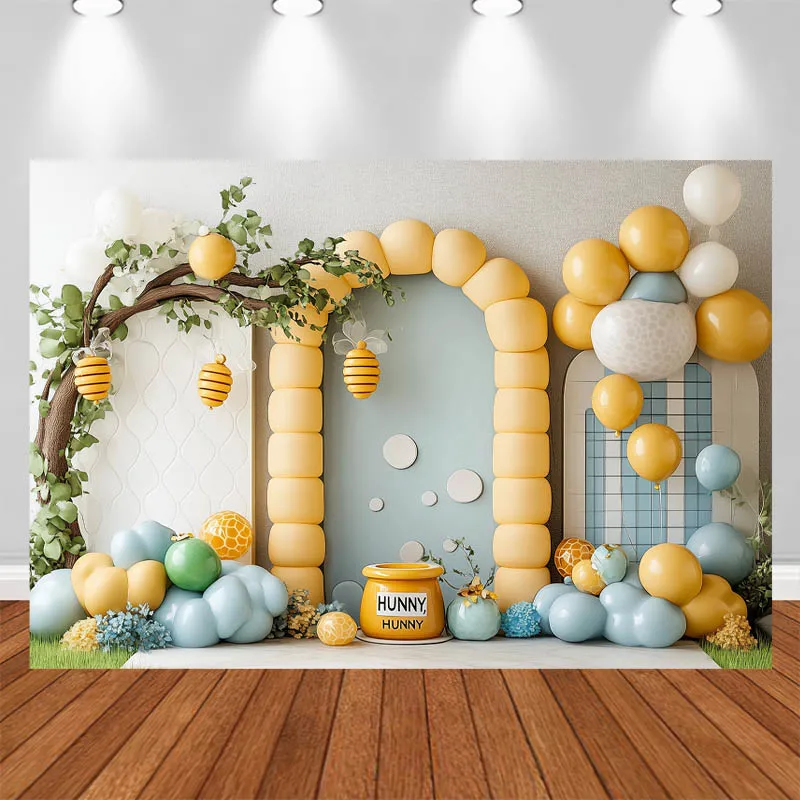 

LS Cartoon Photography Background Arch Yellow Balloons Bee Decorations Cake Smash Kids Portrait Photo Backdrop Studio