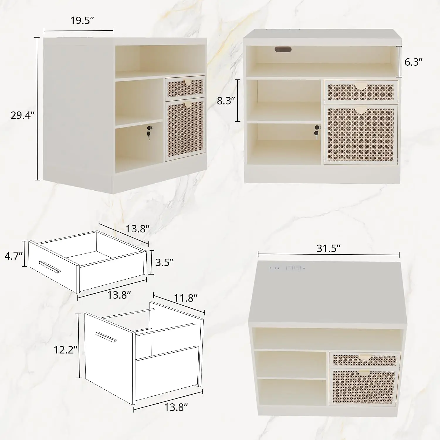 2-Drawer Wood File Cabinet with Lock & Outlet, 31.5W*29.4H, Storage Shelves, Fits A4/Letter, AC/USB, White Rattan, Customized