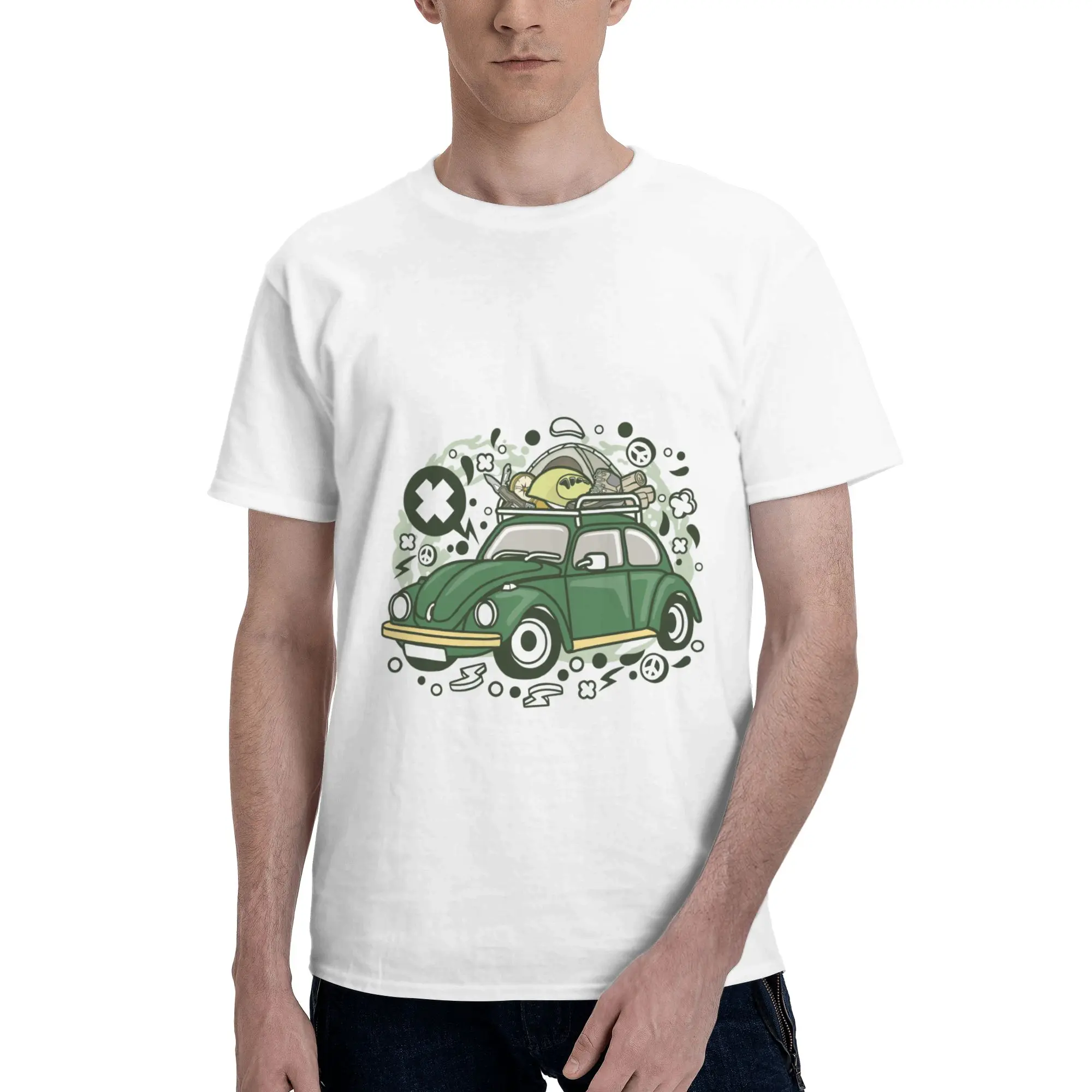 

Vintage Green Car Illustration Men's T-Shirt Clothes Tee Shirt Short Sleeve fugees Pure Cotton