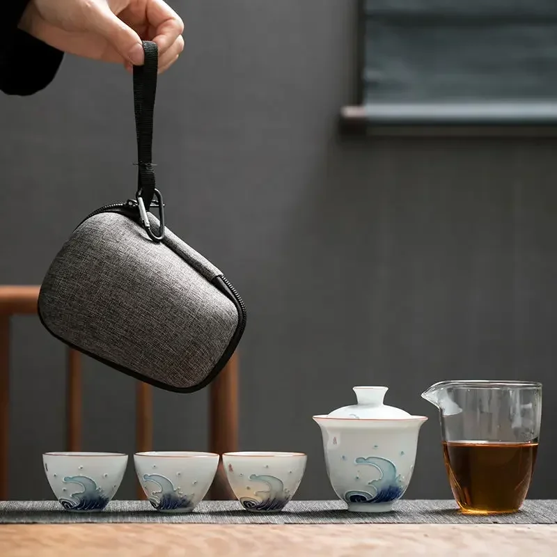 Outdoors Portable Travel Teapot Set With 3 Mini Cups 1 Gaiwan Porcelana Japanese Tea Set Gaiwan Ceremony Set Household Wine