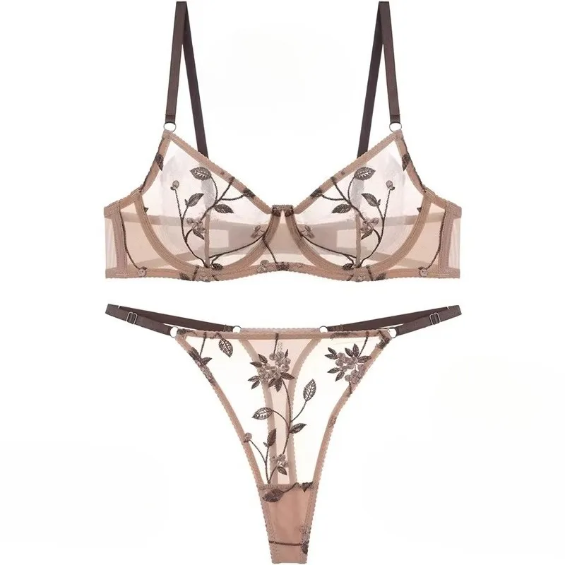 Sexy transparentes Spitzen-BH-Set, ultradünne Mesh-Stickerei-T-Back-Höschen, transparente, schlankmachende, bequeme Dessous für Damen 32-38