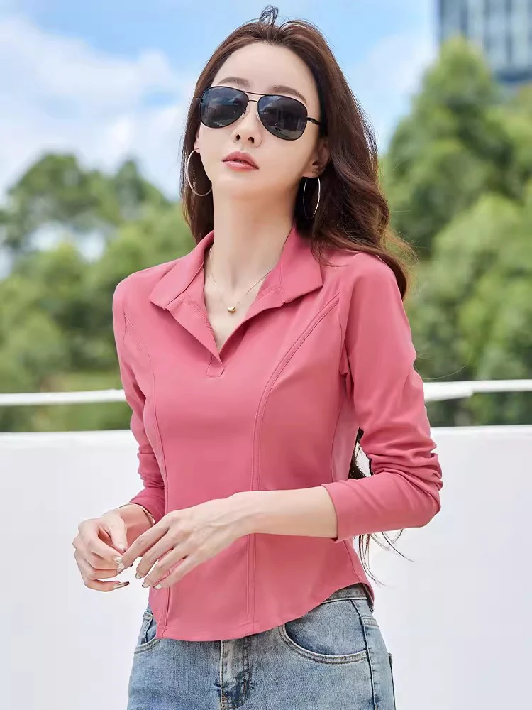 New Women Spring Autumn Short Tees Fashion Turn-down Collar Long Sleeve Easy Match Cotton T-shirt Simplicity Casual Slim T-shirt