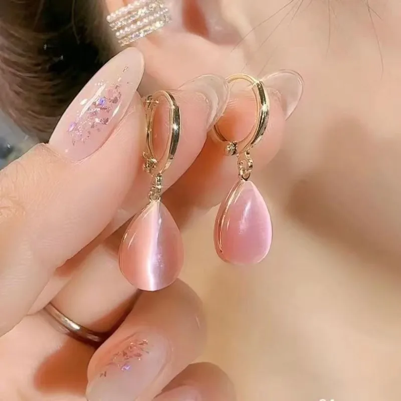 1Pair Pink Cat Eye Stone Teardrop Dangle Earrings Gold Plated Hoop Earrings for Women Elegant Lightweight Drop Earrings for Daily Party Wedding Jewelry