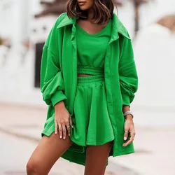 Women's Three-piece Fashionable Casual Solid Color Lapel Coat Wide-leg Shorts Vest Three-piece Suit