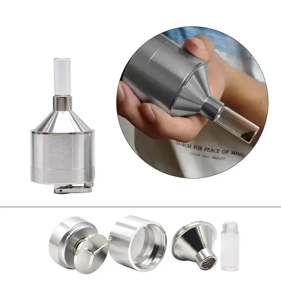 44mm Metal Powder Hand Spice Mill Funnel Food Container Kitchen Tools Herb Grinder Hand Crusher with Glass Snuff Bottle