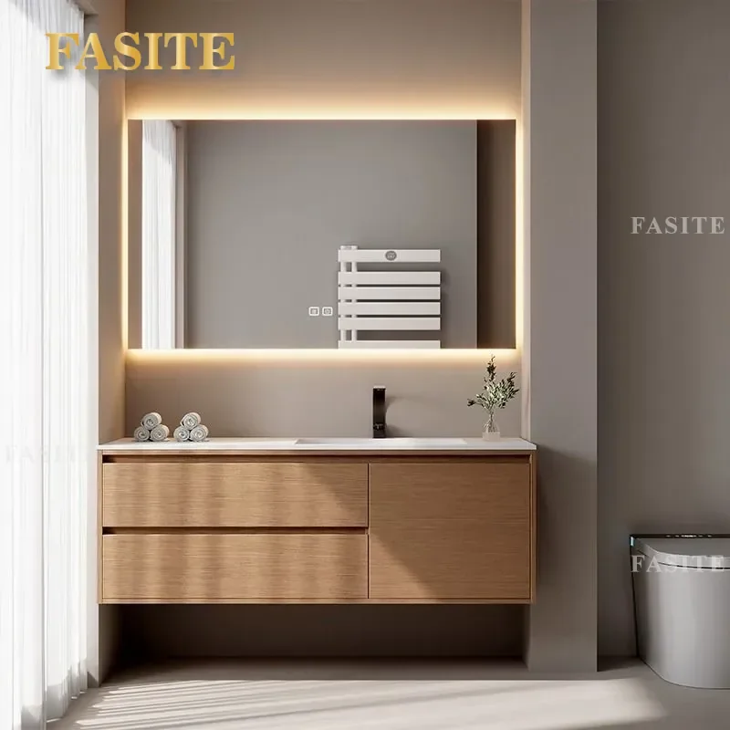 Rustic Solid Wood Bathroom Vanity with Integrated Sintered Stone Sink Smart Storage Cabinet Modern Farmhouse Washstand