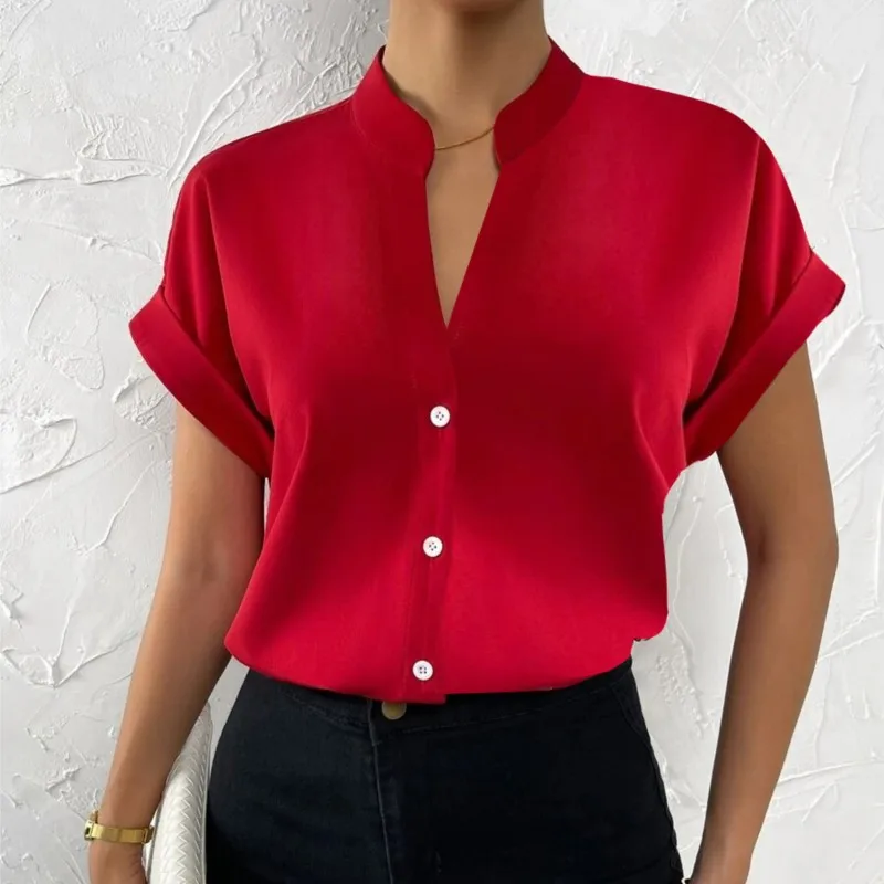 2024 Summer V-neck Women\'s Shirt Casual Office Lady Solid Color Short Sleeve Single Breasted Elegant Women Blouse Femme Blusas