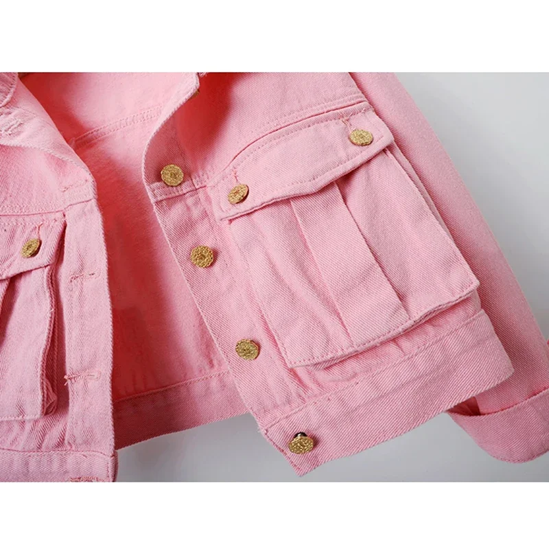 

Spring Autumn Pink Big Pocket Long Sleeve Denim Jacket Women Loose Short Student Cowboy Outerwear Korean Jeans Jackets Female