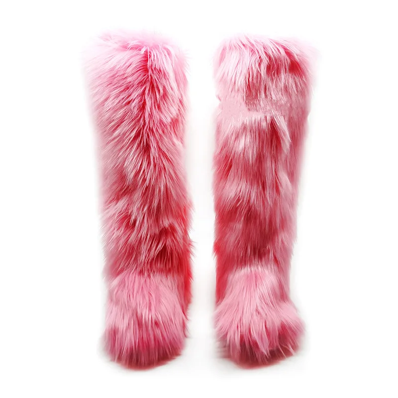 2024 Winter Thigh High Fluffy Boots Ladies Furry Faux Fox Fur Long Warm Shoes Women New Designer Plush Knee High Fur Boots Girls