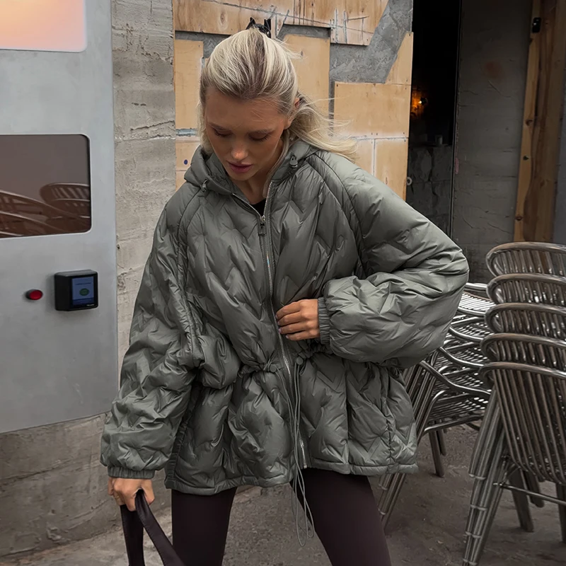 2026 Winter Solid Women Thicken Coat Casual Long Sleeve Hooded Zippers Pleated Female Outwear Elegant Lady Oversize Jacket