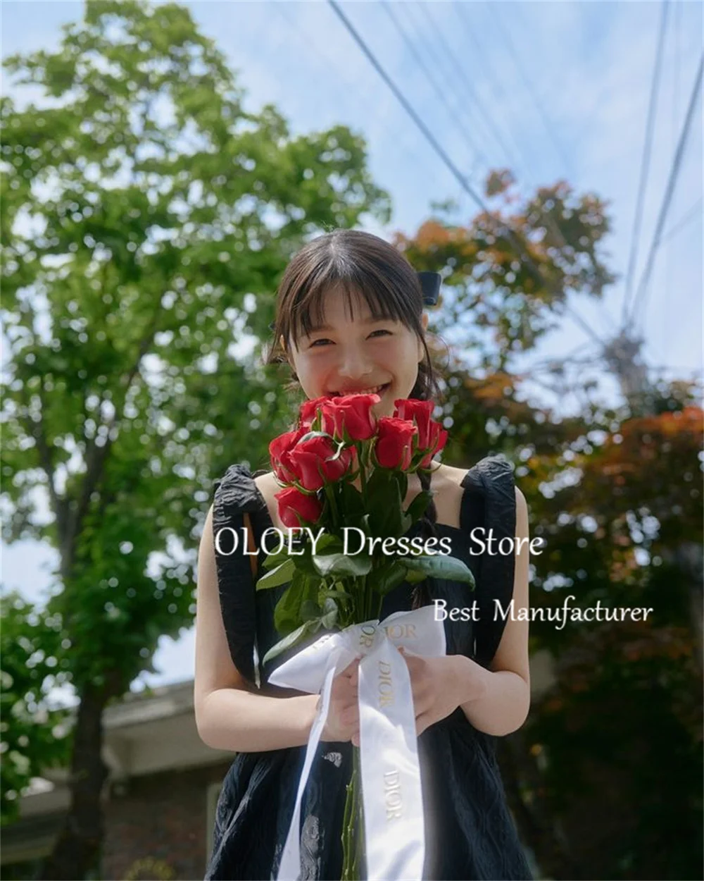 OLOEY 2025 Black Mini Prom Cocktail Dress Korea Photoshoot Pleats Bow Short Wedding Party Dress Sleeveless Square Collar Custom