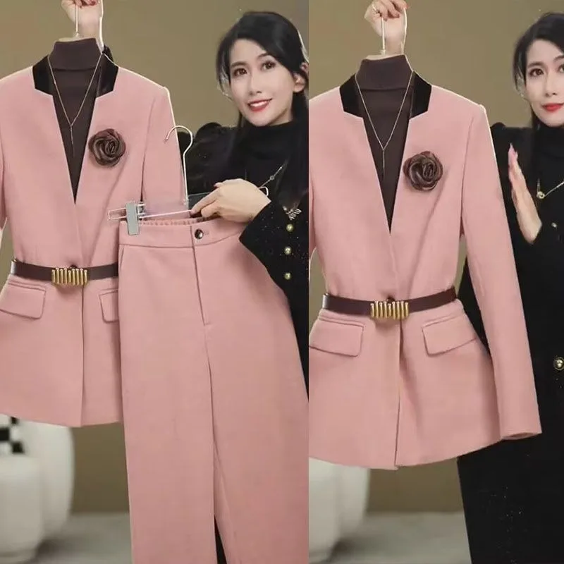 

New Hign End Autumn Winter Elegant Two Piece Set Women V-Neck Long Sleeve Jacket Coat + Wide Leg Pants Fashion Office Lady Suit