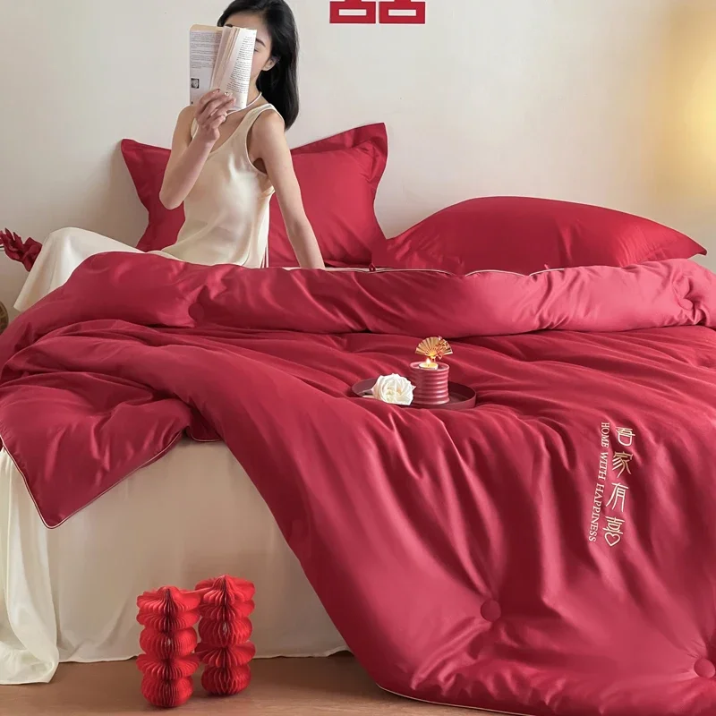High-end Chinese Happy Family Comforter Cotton Fabric Autumn Winter Warm Duvet Soft Puffy Silk Protein Filling Quilt Blanket
