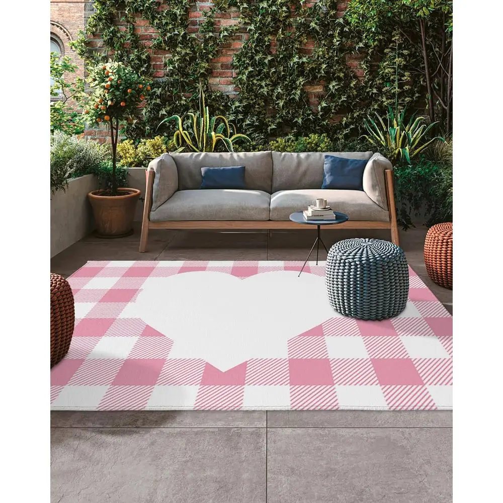 

Розово-белый клетчатый коврик для патио длиной 5x8 футов, дизайн сердца любви ко Дню святого Валентина, моющийся для террасы, заднего двора, декора крыльца