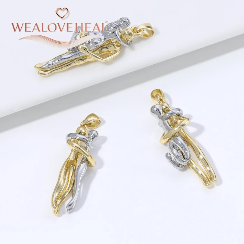 anhänger schmuck，anhänger schmuckherstellung，2er-Set 18K vergoldeter Messing-Anhänger, zweifarbiger Umarmungs-Liebhaber-Charm für DIY-Halsketten-Schmuckzubehör, Geschenk – Detail 16