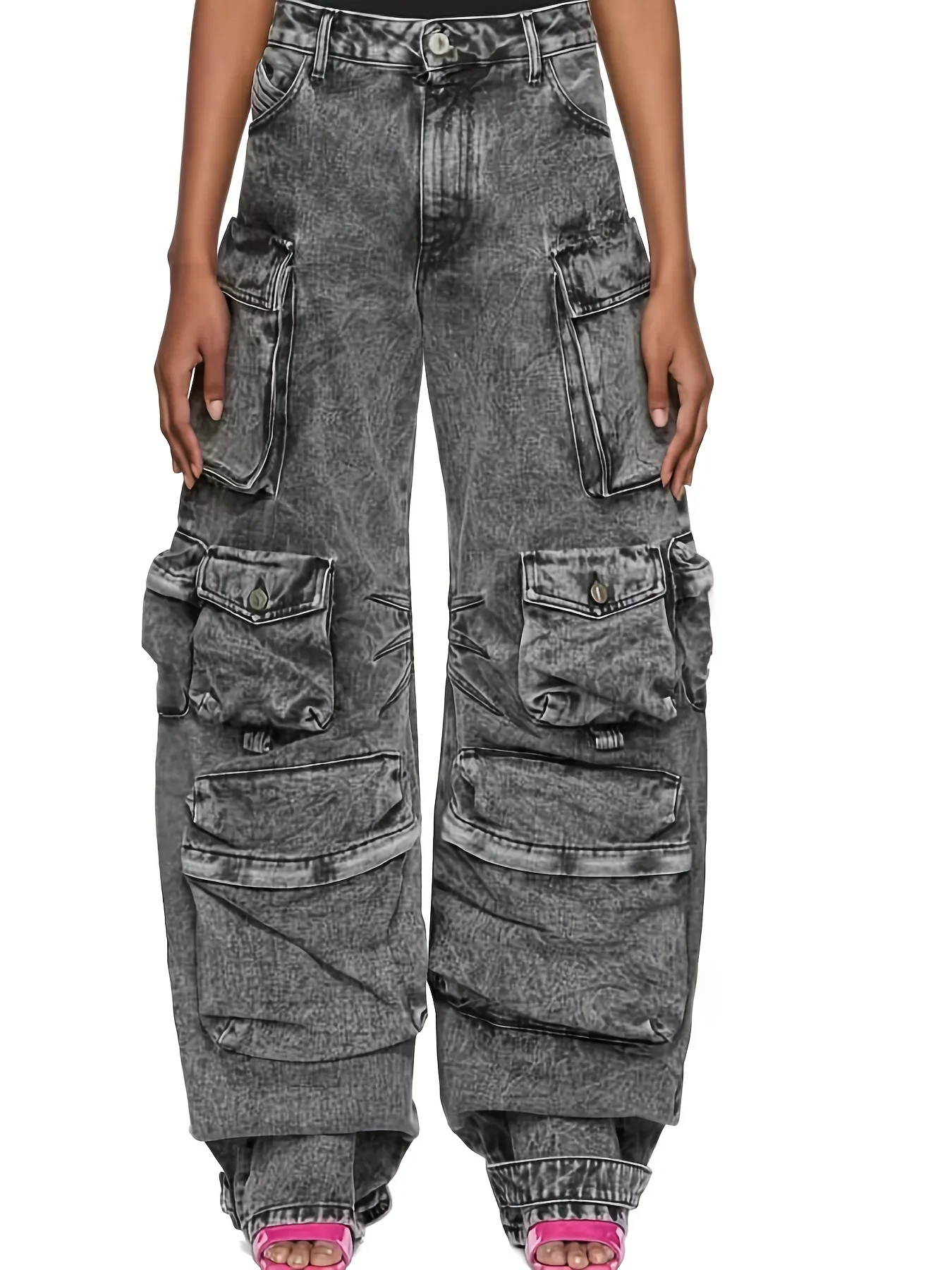 Women\'s Multiple pockets stitching Denim  pants Straight tube long pants loose  wide leg Side work pocket cargo pants