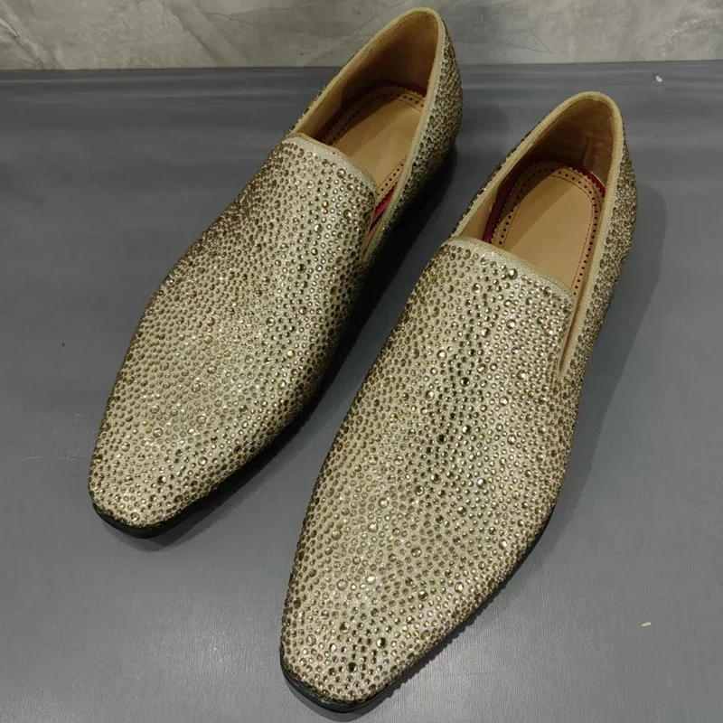 Champagne Color Sparkling Rhinestone Loafers For Men Luxury Glitter Mens Dress Shoes Handmade Slip On Man Party Wedding Shoes