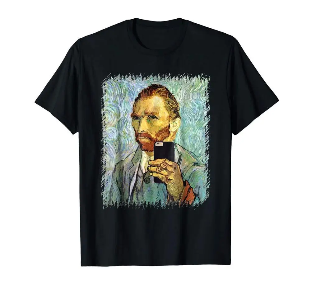 Vincent Van Gogh Cellphone Selfie 100% Cotton Soft Black T-Shirt New Unisex Funny Tops Tee Basic Models Best  for Men