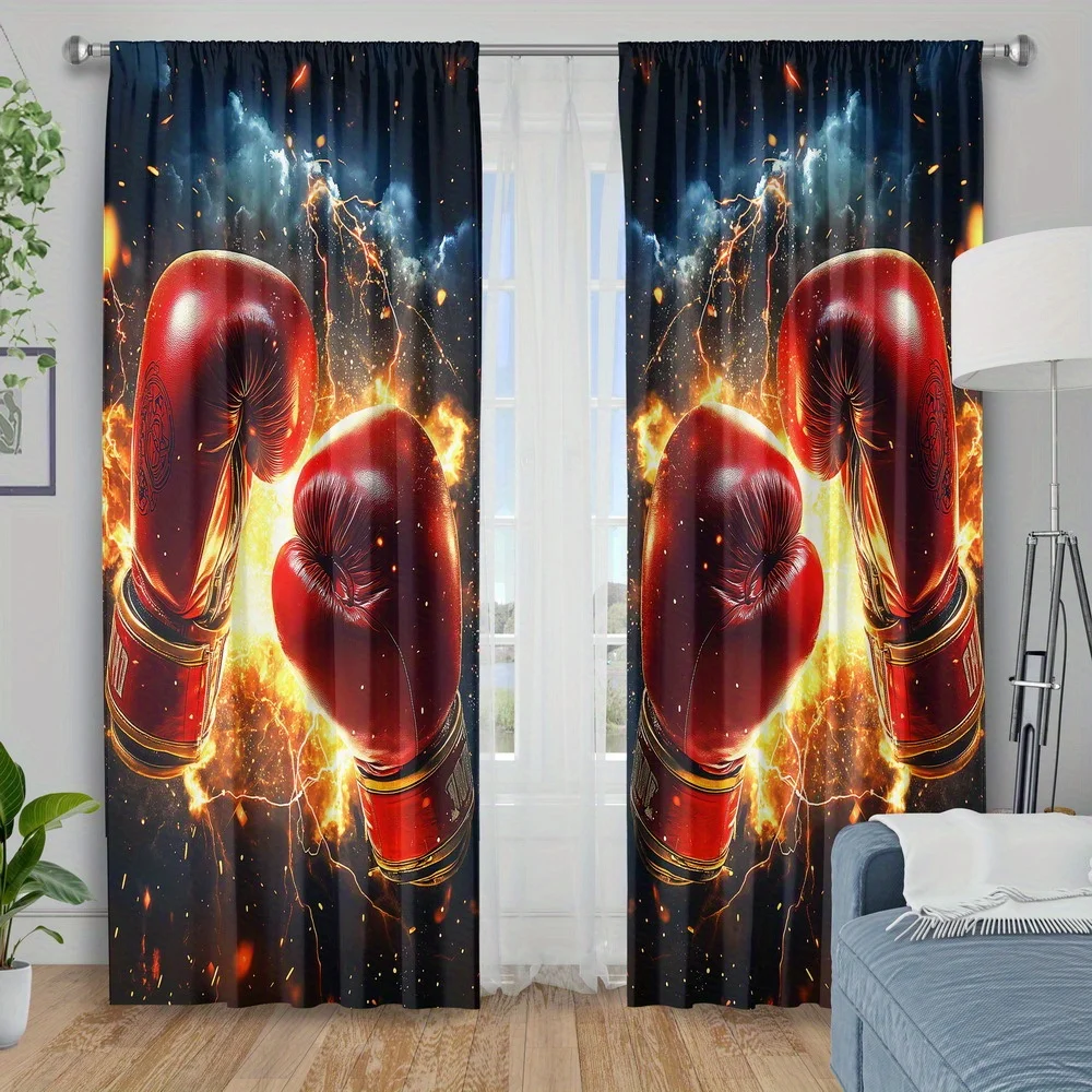 3D Boxing Gloves Curtain, Red Fight Sports Print Drape, Gym Man Cave Window Treatment for Boys Room Home Decor