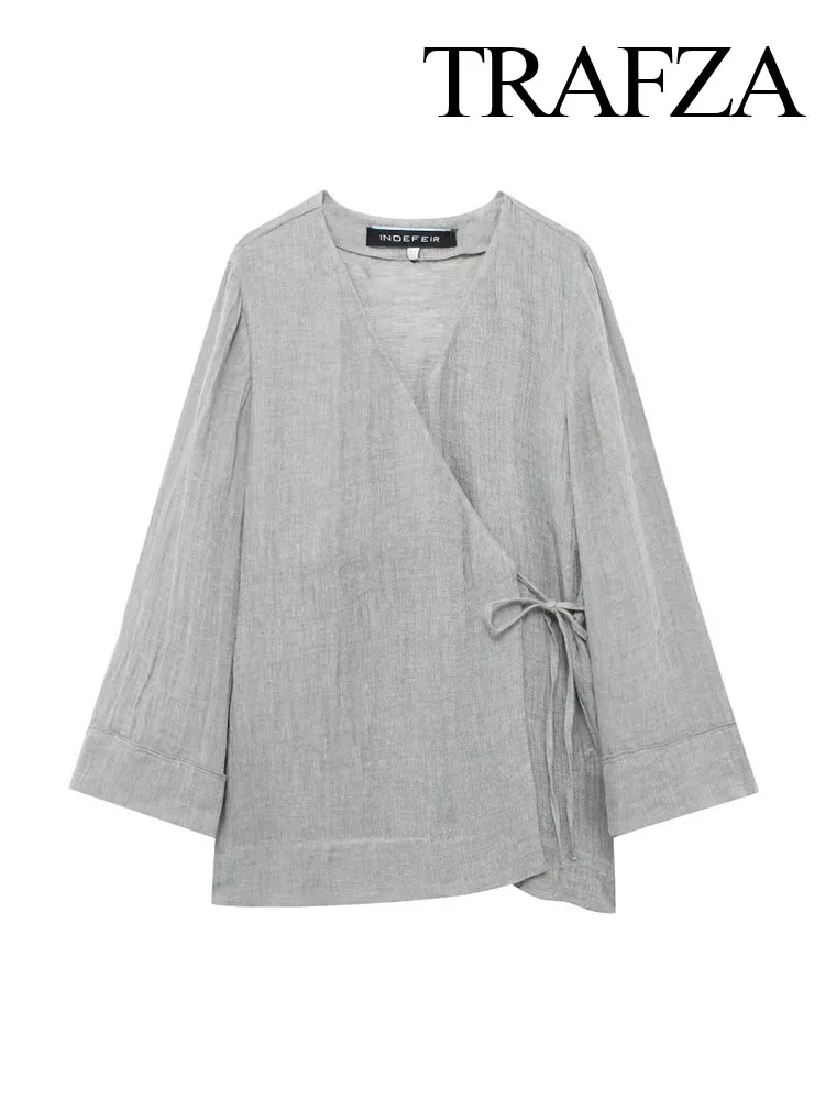 

TRAFZA Women Fashion Linen Loose Shirt Top Woman Kimono Style Gray V-Neck Asymmetric Laced Up Long Sleeves Casual Top Mujer