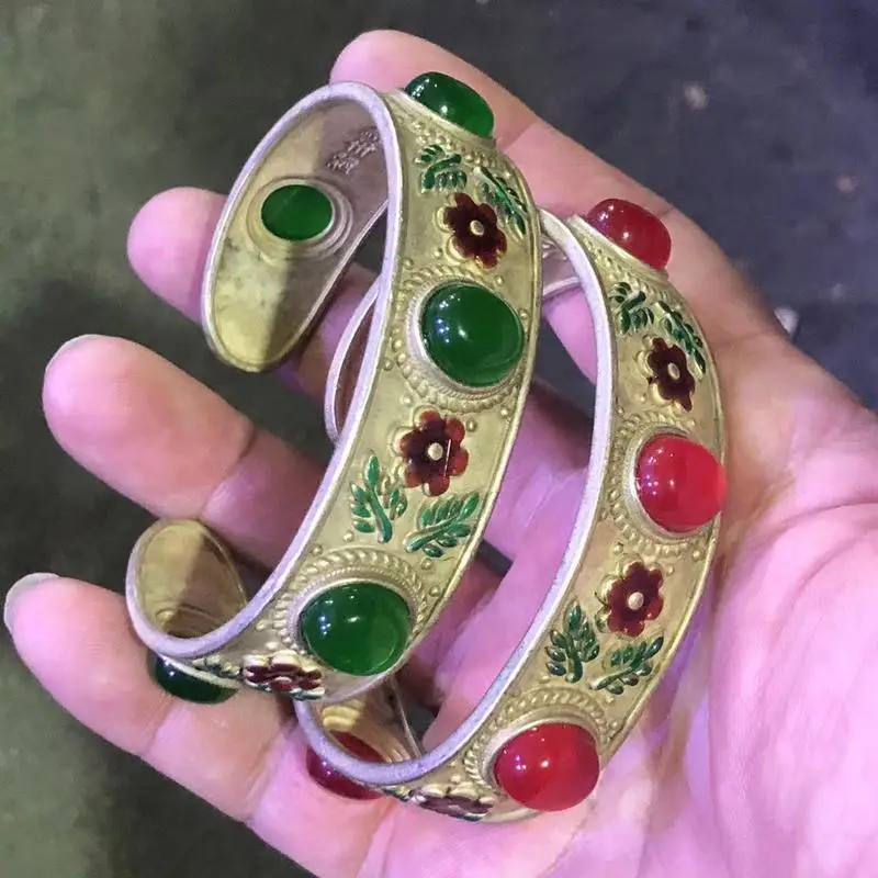 Inlay Cloisonné With Green Jade, Miao Silver Ethnic Style Bracelet Jewelry