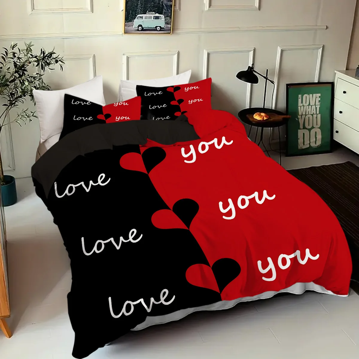Love pattern 3D Printed Quilt Cover Set Black Red Color Matching Couple style Bedding Set Home Textiles Duvet Cover Pillowcases