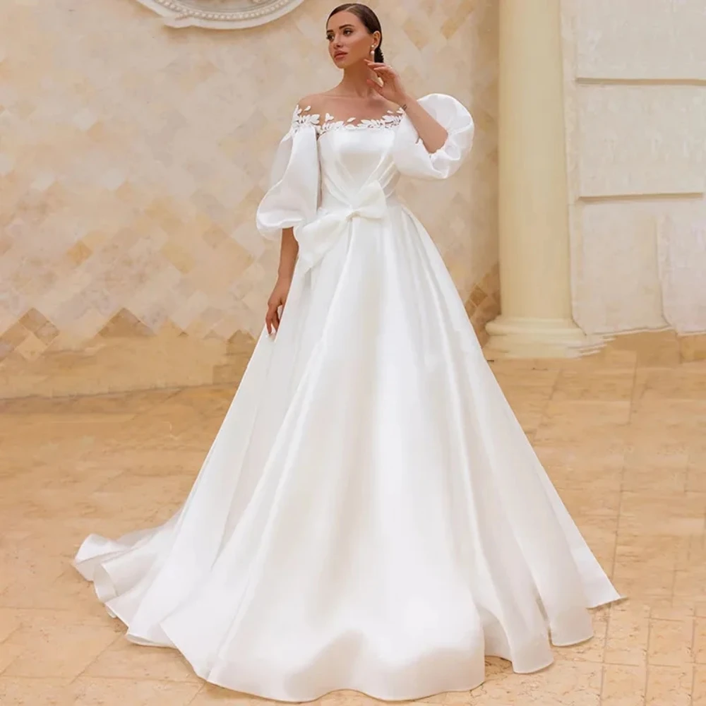 Wedding Dresses Bridal Gowns Appliqued Chic Satin A Line Plus Size Beach Princess Long Bride Dress Vestido de Noiva