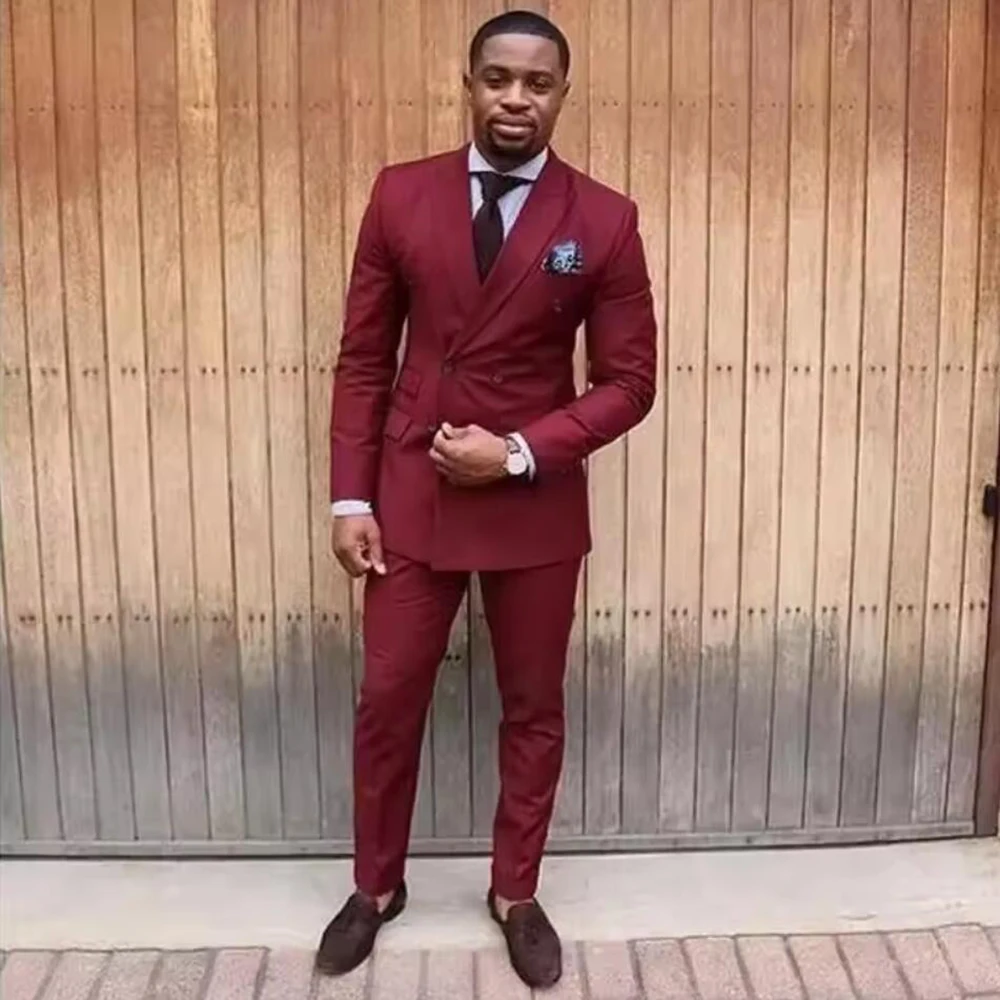 Burgundy Double Breasted Men Suit Formal Wedding Suits For Men Groom Tuxedo Custom Slim Fit 2 Piece Blazer Sets Ternos Masculino