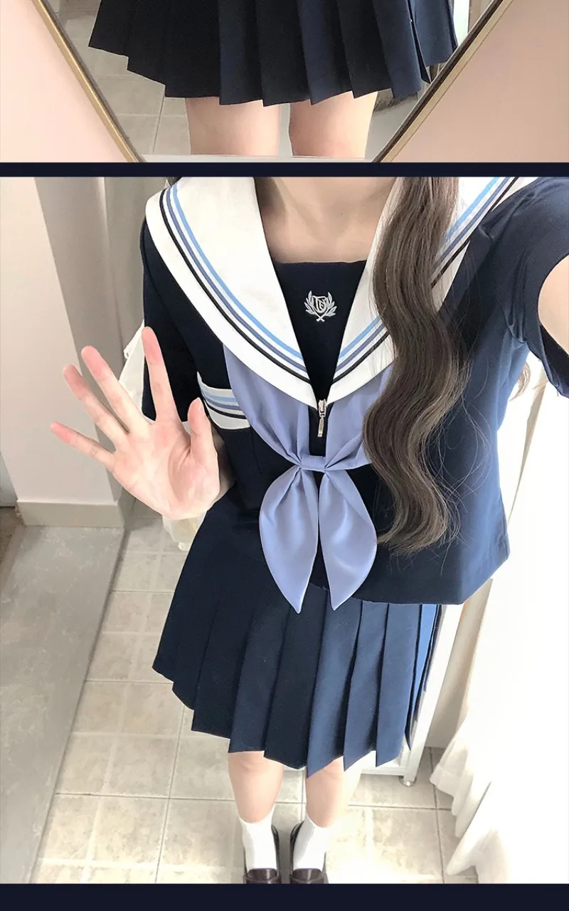 2024 Japanese JK Uniform Skirt Sailor Suit Long Short Sleeved Preppy Style Dark Blue Lolita Summer And Autumn Daily Wear Female