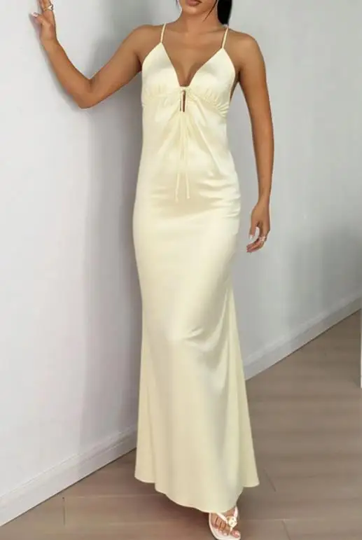

Womens Dresses 2026 Spring Summer New Solid Color Sexy Backless V-Neck Sleeveless Lace Up Slim Fit Temperament Long Dress