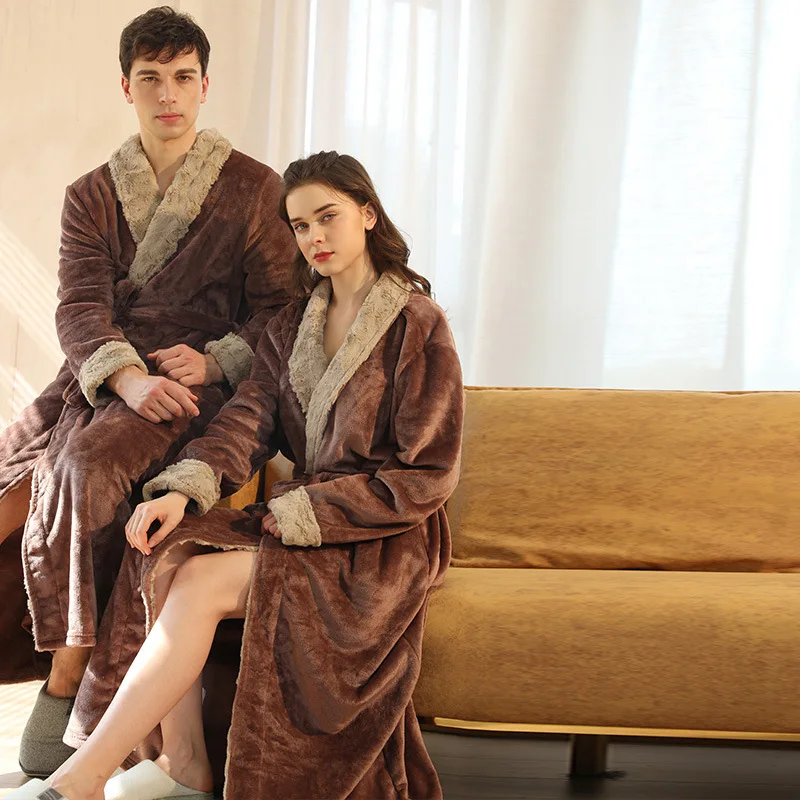 

Women Extra Long Thermal Flannel Fur Bathrobe Plus Size Winter Warm Pregnant Bath Robe Zipper Hooded Dressing Gown Men Sleepwear
