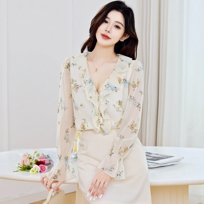 Vrouwen Shirt Blouse Nieuwe Lange Mouw V-hals Print Ruches Chiffon Shirt Blouse Vrouwen Tops Blouses Shirts Blusas Para Mujer Q1347