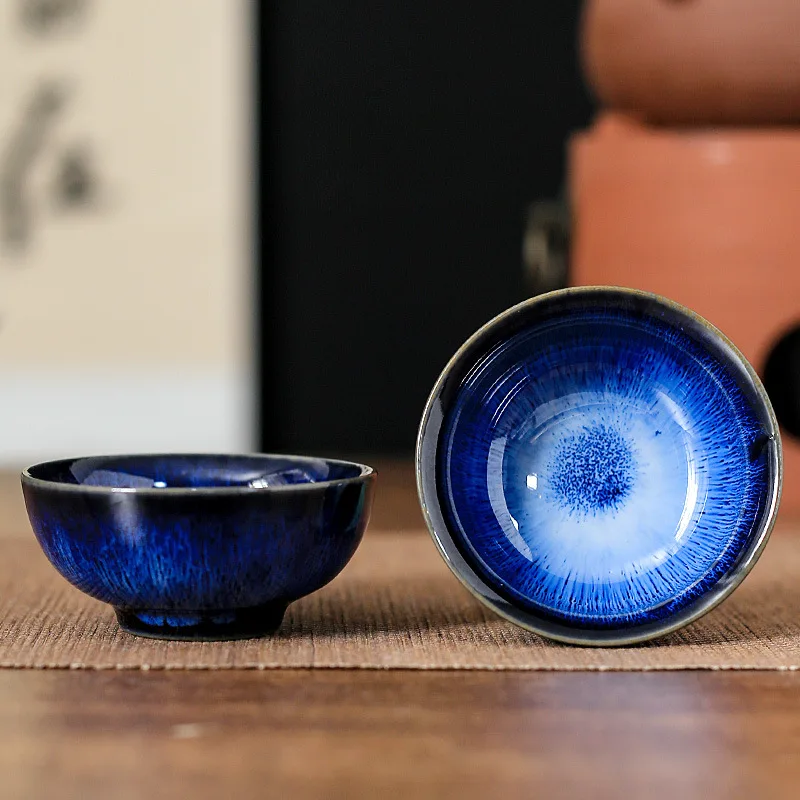 45ml Vintage Ceramic Cup Kiln Change Teacup Master Cup Tasting Cup Satin Blue Water Cup Tea Bowl Teahouse Retro Teaware