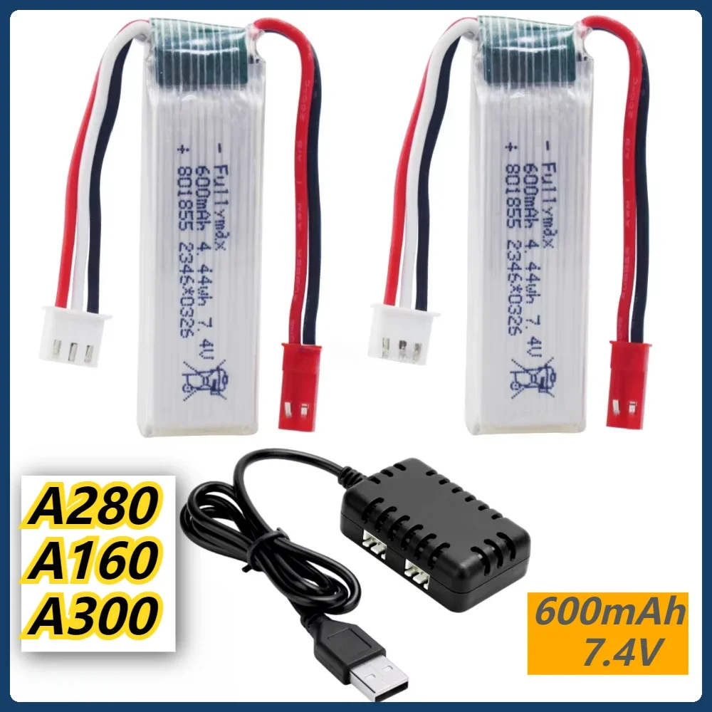 

For XK A280 A160 A300 RC Aircraft, Glider Aircraft Model Toy Accessories 2PCS 2S 7.4V 600mAh Li-ion Battery with 2-in-1 Charger