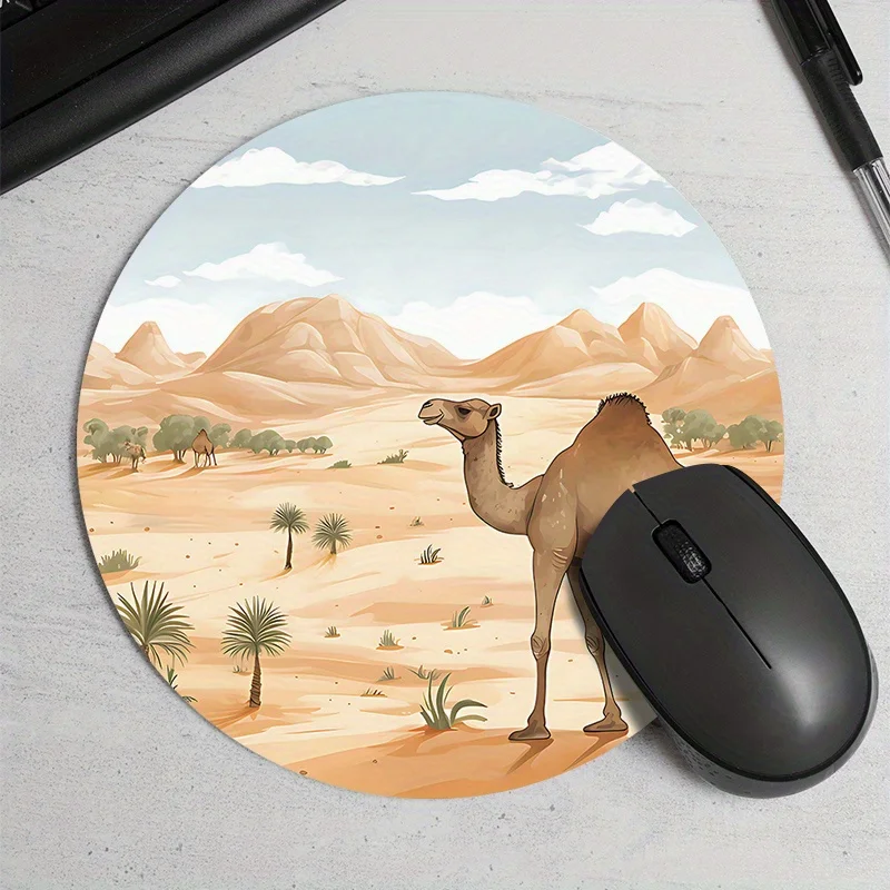 Desert camel printed round mousepad is made of anti-slip rubber is durable is suitable for gamers