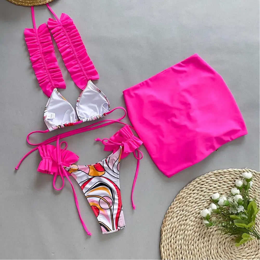 

Women Swimsuit Ruffle Trim Halter Bikini Set with Lace-up Briefs Hip Wrapped Skirt Women's Summer Swimming Suit Beachwear Hip