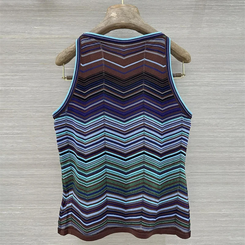 women's 2-piece sets New elastic slim sleeveless top for summer 2026 Metal yarn blend women's pants Colorful striped pants set view 3