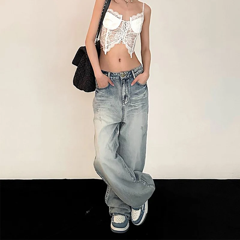 Y2K Retro Baggy Jeans Women Vintage Streetwear Oversized Denim Pants Skinny Hippie Straight Wide Leg Trousers Korean Style