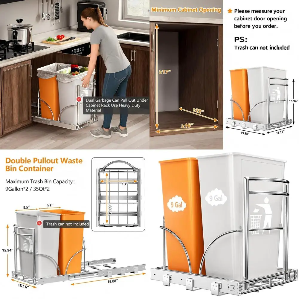 

Double Bin Trash Can Pull-Out Under Cabinet, Fits 7-9 Gallon Bins, 16W x 22D x 17H Cabinet Space