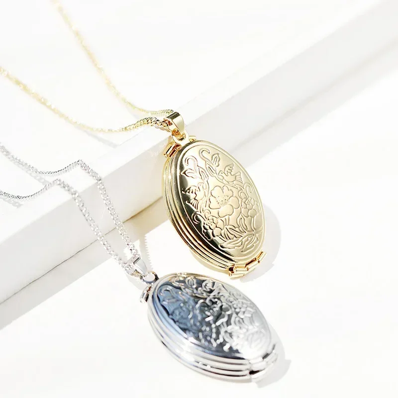 Gold Silver Color  Carved Hollow Oval Pendant Multi-Layer Folding Women Necklace Openable Photo Frame Family Love Jewelry