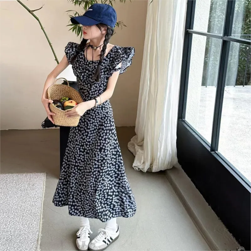 

Korean Summer Children Girl Dress Teenager Girl Flounce Collar Floral One-piece Dress School Girl Princess Dress A-line Dress