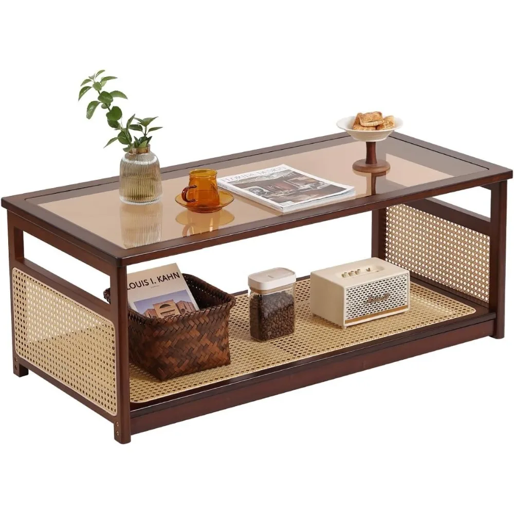 

Rattan Coffee Tables for Living Room, Modern 2-Tier Coffee Table, Mid Century Rectangle Coffee Table with Storage Shelf & Glass