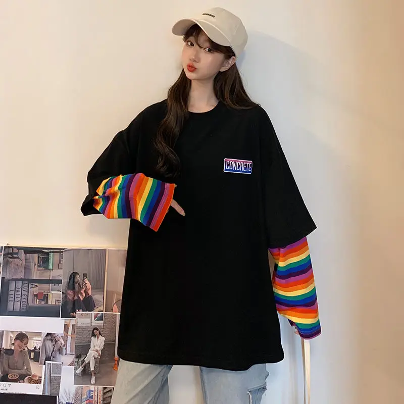 

Fake Two Rainbow Striped T-Shirts Women Autumn 2024 New Korean Version Loose Versatile Bottoming Long-Sleeved Tops