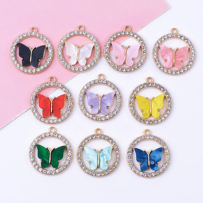 

100 pieces set DIY earrings necklace keychain, full of crystal round colored butterfly pendant spot wholesale