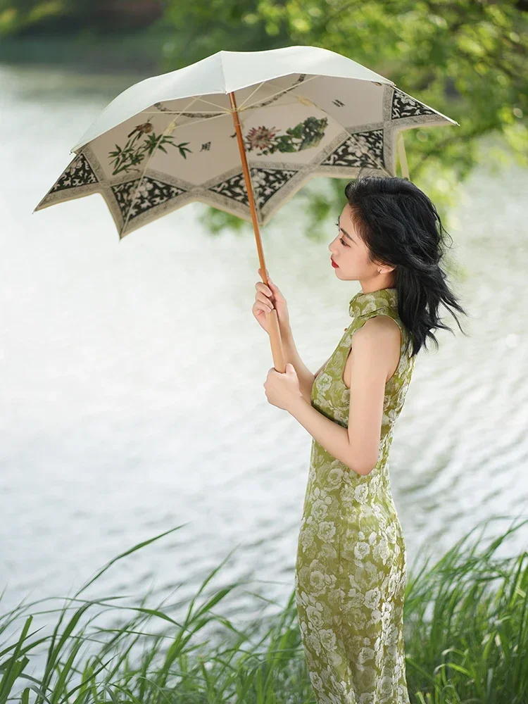 

Chinese style octagonal umbrella Wenchuang retro antique cheongsam Qing Han female umbrella straight umbrella