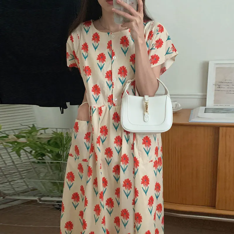 Vestido Midi Coreano de Verão com Estampa Floral Chique, Solto e Casual, com Design de Bolso e Manga Voadora, Cintura Alta, p...