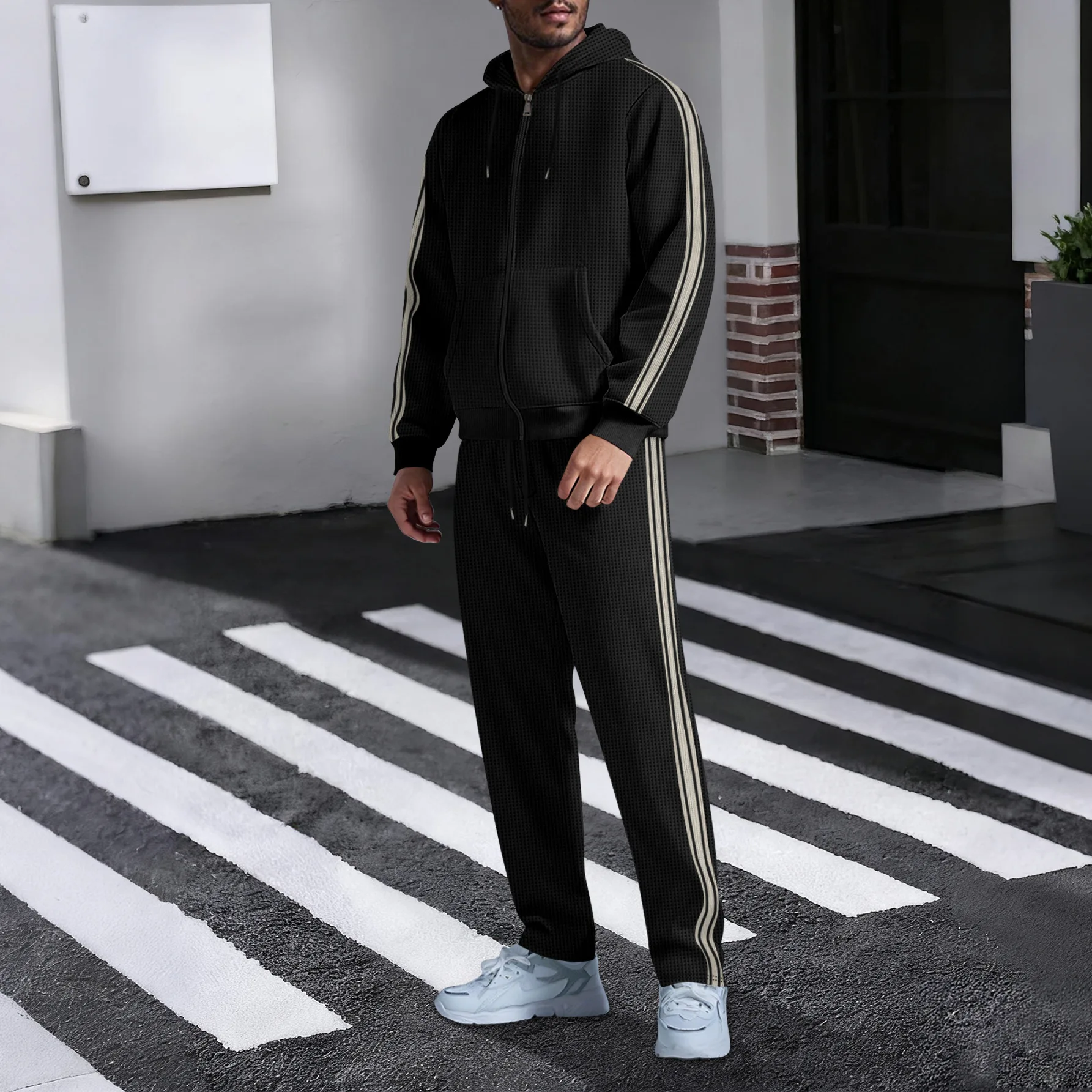 New men's outdoor sports casual hooded cardigan set - autumn fashion trend - pocket lace long-sleeved long pants two-piece set