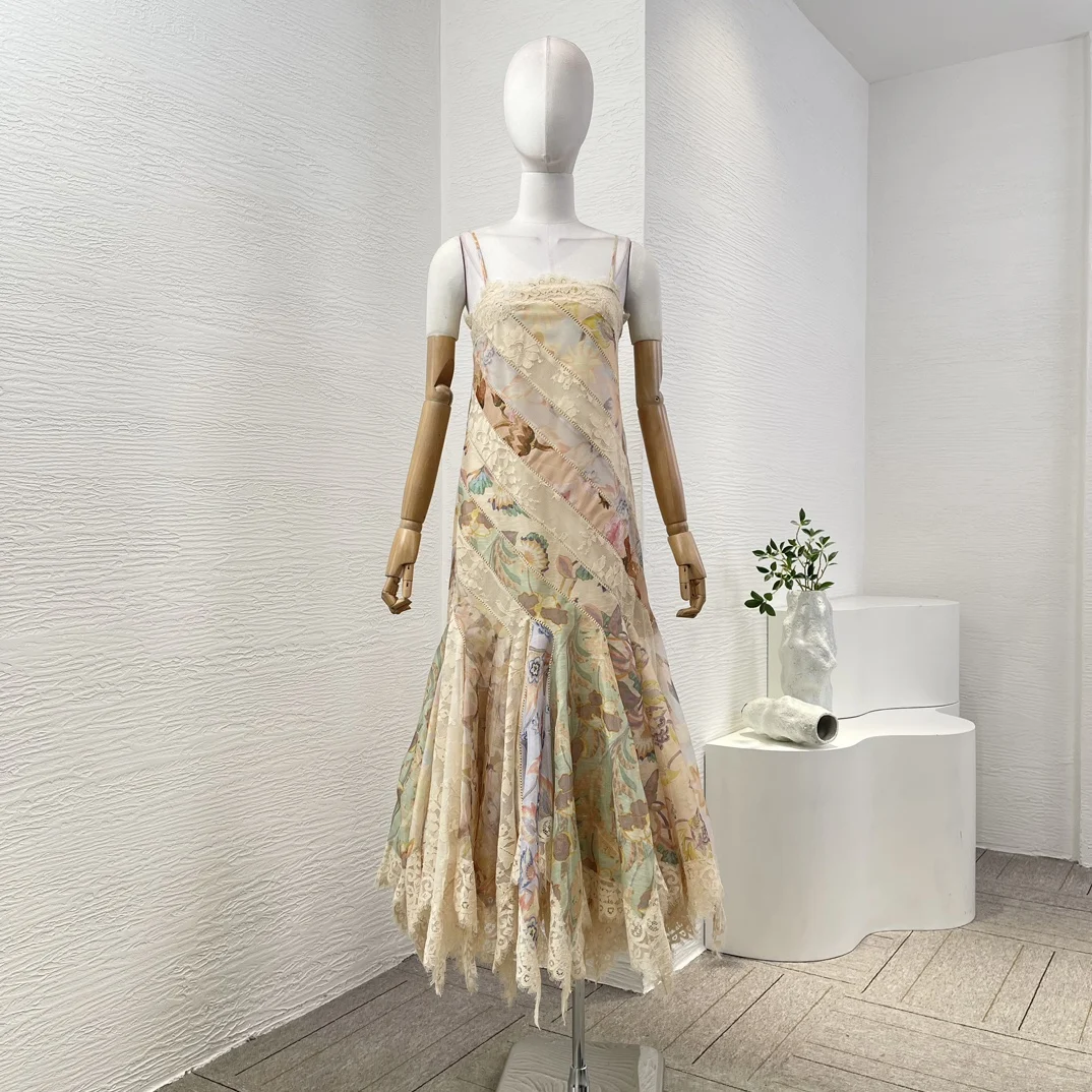 2025 New Fashion Photo Color Floral Print Lace Patchwork Sleeveless Backless Irregular Hem Pleat Midi Dress