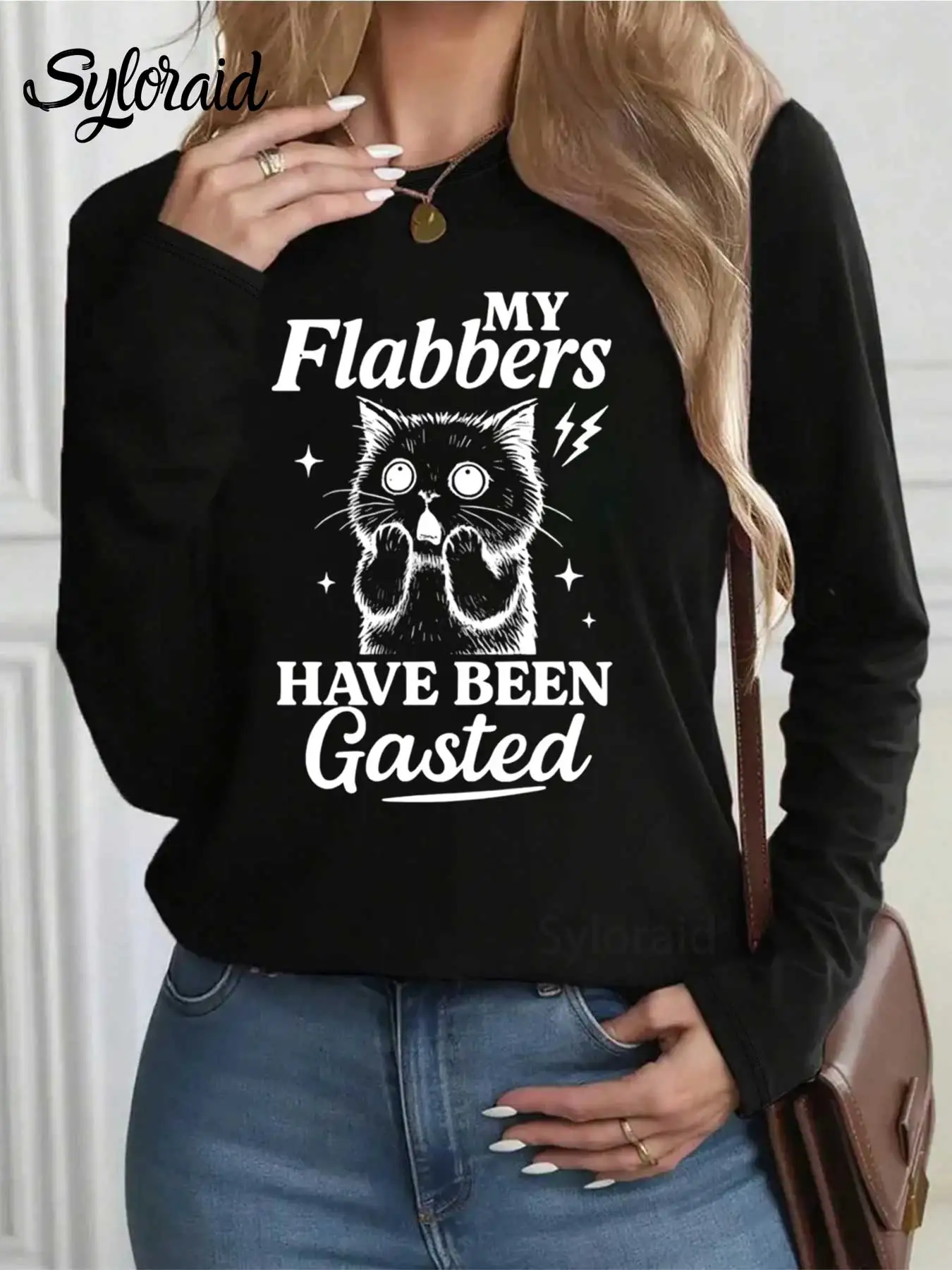 المرأة طويلة الأكمام تي شيرت بلدي الزهور تم رغبت تي شيرت ريترو مضحك القط قميص موضة الجولة الرقبة رداء علوي غير رسمي #2