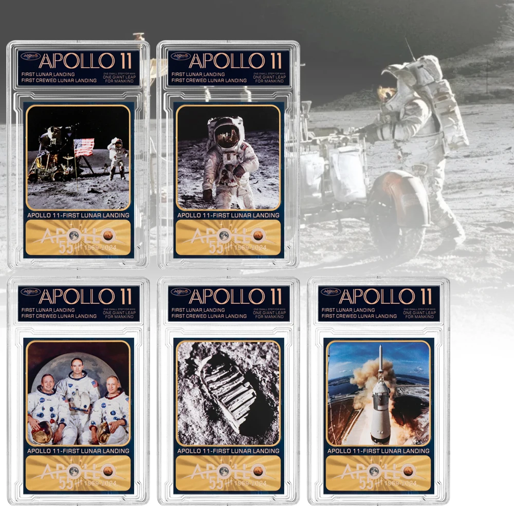 5 Designs Apollp 11 First Lunar Landing Golden Trading Card 55th Anniversary Souvenir Gold Cards Collectible Gifts for Christmas